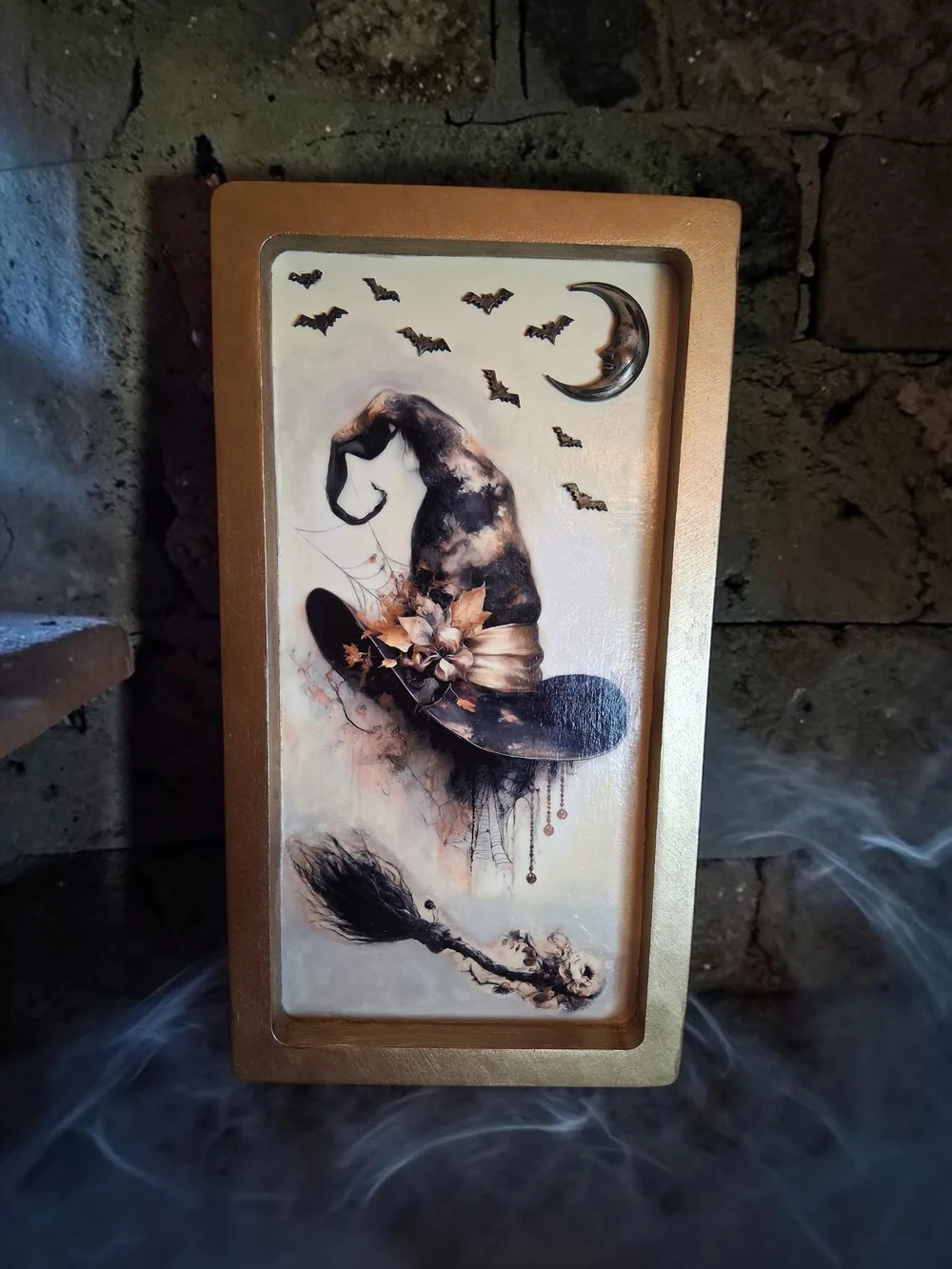 Halloween - Witch's Hat & Broom- Handcrafted Tray/Wall Art